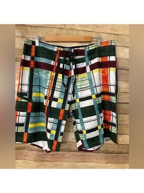 Body Glove Mens sz 36 Board Shorts Orange Plaid Pull On Tie Closure Swimwear